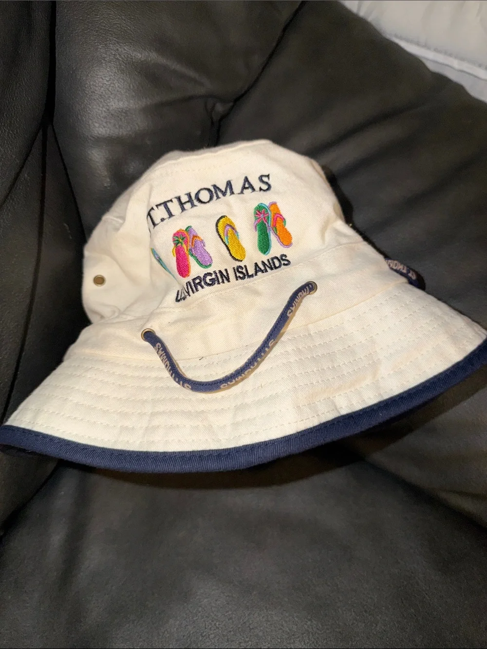 St. Thomas Virgin Islands Embroidered Bucket Hat - Cream with Navy Trim